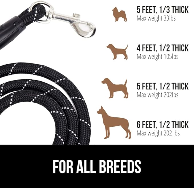 Gorilla Grip Heavy Duty Dog Leash, Soft Handle, Strong Reflective Rope for Night Pet Walking Small Medium Large Animals, Durable Puppy Training Leashes, Rotating Metal Clip, Waste Bag Dispenser, Black