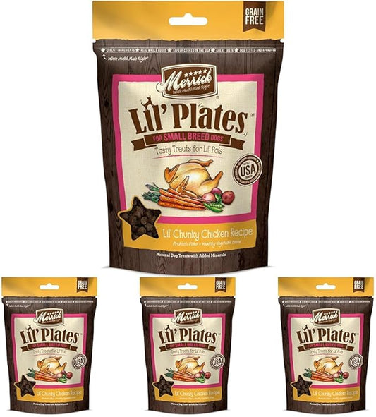 Merrick Lil’ Plates Grain Free Small Dog Treats, Natural Training Treats for Small Dogs, Lil’ Chunky Chicken - 5 oz. Pouch (Pack of 4)