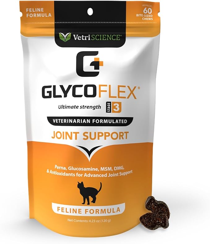 VetriScience GlycoFlex 3, Clinically Proven Joint Support Cat Supplements - Hip and Joint Health Supplement with Glucosamine, MSM, Green Lipped Mussel & DMG - 60 Chews, Chicken Flavor