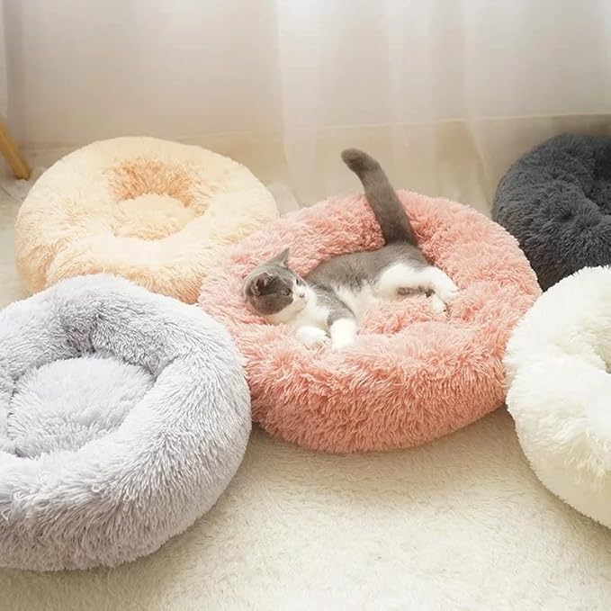 Cat Beds for Indoor Cats - Large Cat Bed Washable 24 inches, Dog Beds for Small Medium Dogs, Anti Anxiety Round Fluffy Plush Faux Fur Cat Bed, Thick Bottom (Large, Pink)