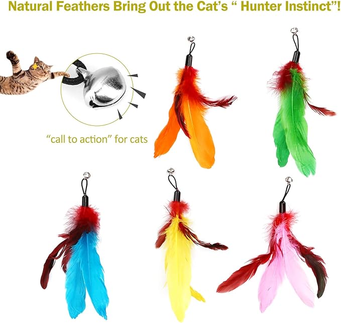 11PCS Cat Feather Toys Replacement Cat Toy Wand Refills, 10PCS Feathers Refill and 1PC Replacement String, Interactive Cat Wand Toy Replacement Feather for Bored Indoor Adult Cats Kitten