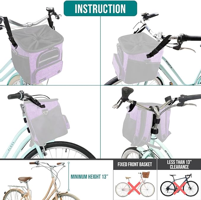PetAmi Dog Bike Basket, Soft-sided Ventilated Dog Bike Carrier Backpack, Dog Pet Bicycle Basket for Bike Handlebar, Small Medium Puppy Cat Kitten Car Booster Seat with Safety Strap (Purple)