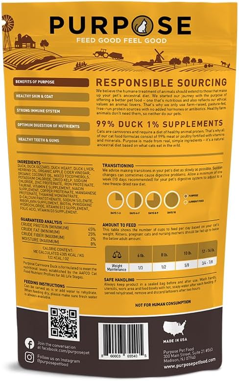 PURPOSE Freeze Dried Raw Cat Food, Duck Mini Nibs Entree, 9 oz - High Protein, USA Made