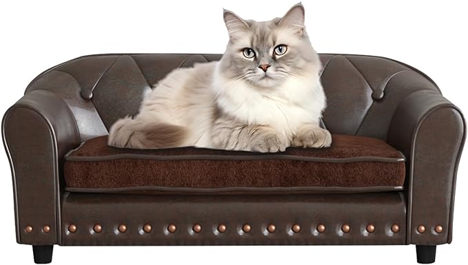 Dog Sofa and Chair/Luxury PU Leather Pet Sofa Chair/with Copper Nail Dog Couch/Wooden Frame Cat Sofa Chair/Dog Sofa Bed with Suede Cushion for Small Dog Using (brown)