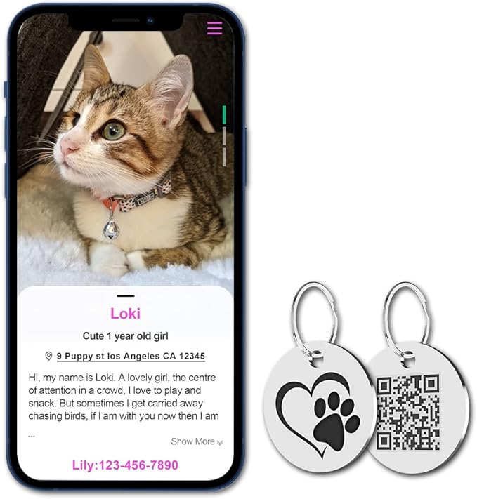 MYLUCKYTAG Stainless Steel QR Code Pet ID Tags Cat Tags - Pet Online Profile - Scan QR Receive Instant Pet Location Alert Email