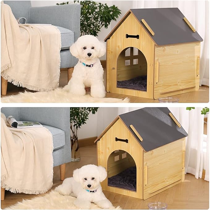 Wooden Pet House with Roof for Dogs Indoor and Outdoor Use, Easy Assemble Breathable Dog Crate for Small Medium Dog Cat, Dog Kennel for Playing and Resting