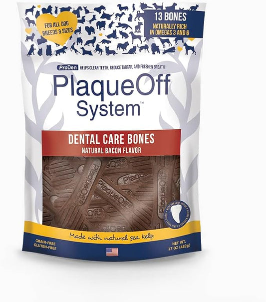 ProDen PlaqueOff System Dental Care Bones - Dog Teeth Cleaning Bones for Oral Hygiene -Medium/Large Canine Formula - Bacon Flavor -17 oz(Packaging May Vary)