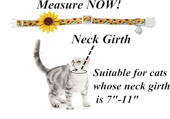 Flower Cat Collar with Detachable Sunflower Charm,Yellow Breakaway Kitten Collar with Bell