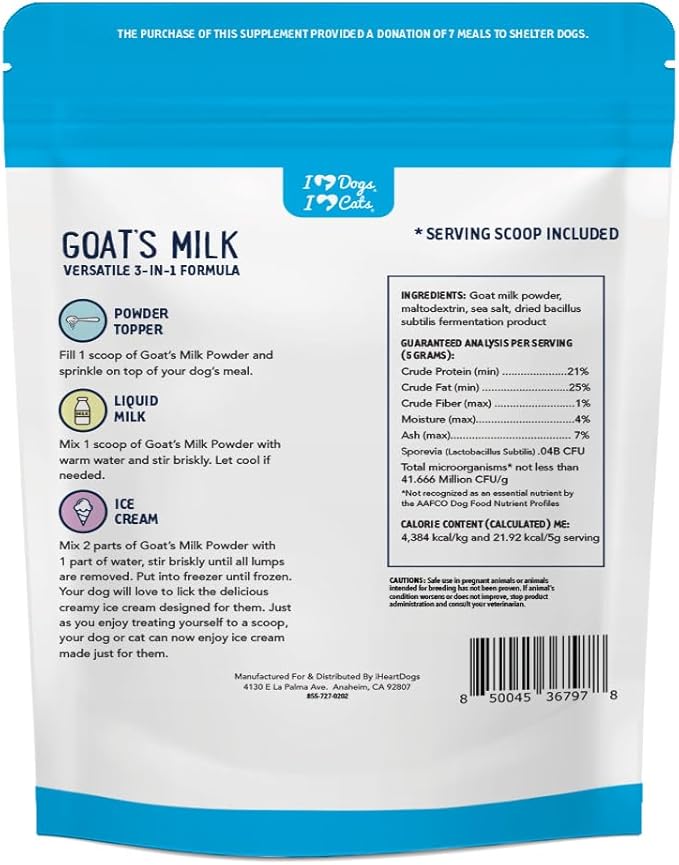 iHeartDogs Goat’s Milk for Dogs & Cats - 3-in-1 Food Topper Powder, Liquid Milk or Dog Ice Cream - Powdered Goat Milk with Probiotics