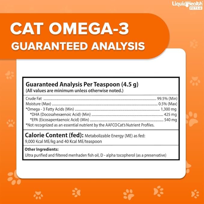 Liquid Health Pets Purr-Fection Omega 3 Fish Oil for Cats - Liquid Omega 3 for Cats with EPA+DPA+DHA, Cat Omega 3 Supplement May Reduce Itching, Support Joint, Immunity, Brain, Heart Health (8 Oz)