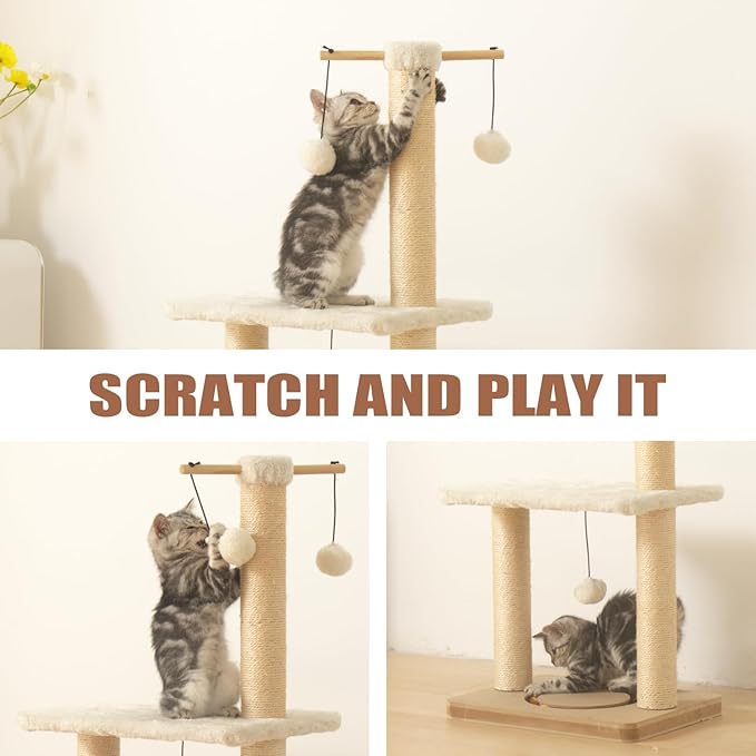 Cat Scratching Post 31in Tall Sisal Scratch Posts with Perch Tracking Interatcive Toys Vertical Scratcher for Indoor Cats and Kittens,Three Hanging Ball Self Massage Brush Beige