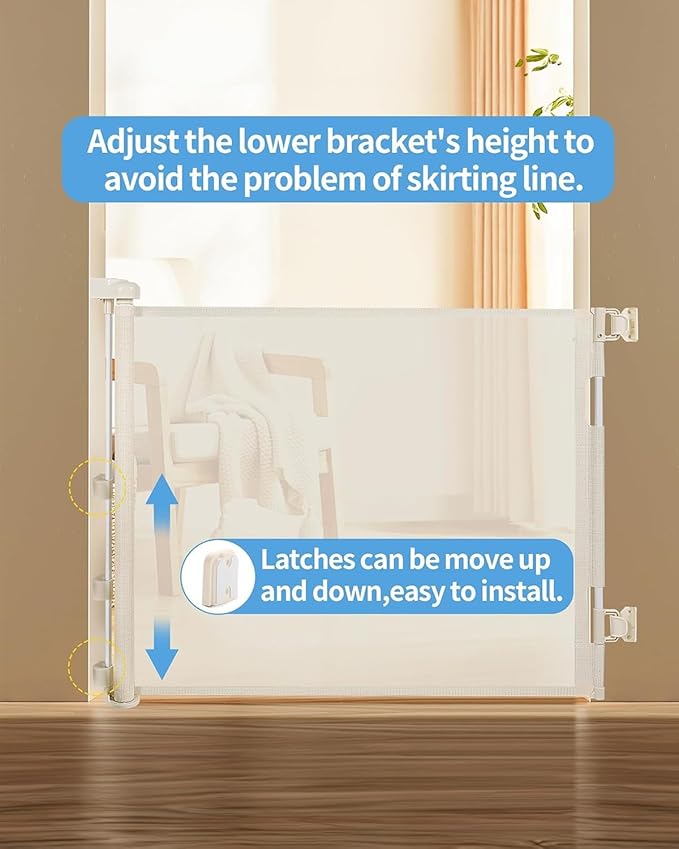 Retractable Baby Gate,Mesh Baby Gate or Mesh Dog Gate,33" Tall,Extends up to 55" Wide,Child Safety Gate for Doorways, Stairs, Hallways, Indoor/Outdoor（Beige,33"x55")