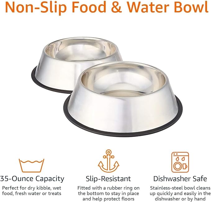 Amazon Basics Stainless Steel Non-Skid Pet Dog Water And Food Bowl, 2-Pack (10 x 2.8 Inches), Each Holds Up to 4 Cups