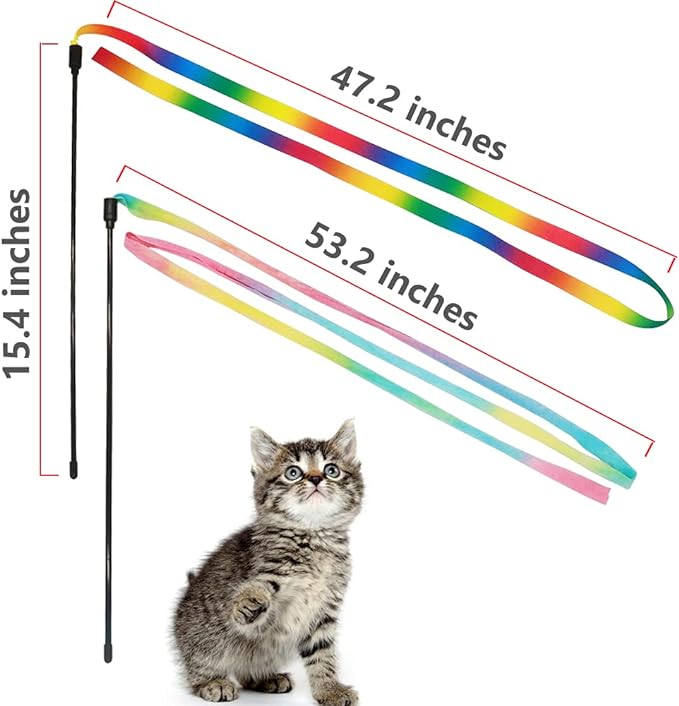 LASOCUHOO Interactive Cat Rainbow Wand Toys, Interactive Cat Teaser Wand String, Colorful Ribbon Charmer for Most Cats and Kittens - 2 PCS