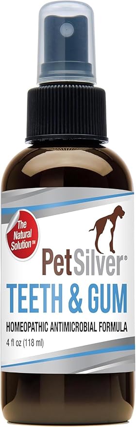 PetSilver Teeth & Gum Spray, Patented Chelated Silver, Dog Teeth Cleaning, Natural Dog Breath Freshener, Cat Teeth Cleaning Without Brushing, Dog Dental Spray, Made in The USA, 4 oz.