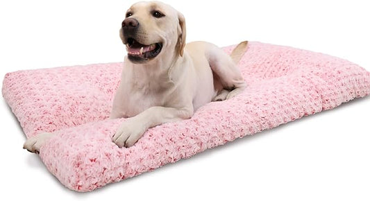 KSIIA Washable Dog Bed Deluxe Plush Dog Crate Beds Fulffy Comfy Kennel Pad Anti-Slip Pet Sleeping Mat for Large, Jumbo, Medium, Small Dogs Breeds, 35" x 23", Pink