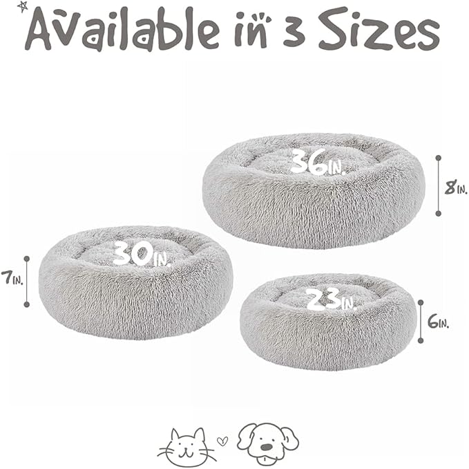 Friends Forever Donut Dog Bed Faux Fur Fluffy Calming Sofa For Medium Dogs, Soft & Plush Anti Anxiety Pet Couch For Dogs, Machine Washable Coco Pet Bed with Non-Slip Bottom, 30"x30"x7" Grey