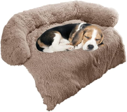 Calming Dog Bed Fluffy Plush Dog Mat for Furniture Protector with Removable Washable Cover for Large Medium Small Dogs and Cats (Small(35x31x5), Light Brown)