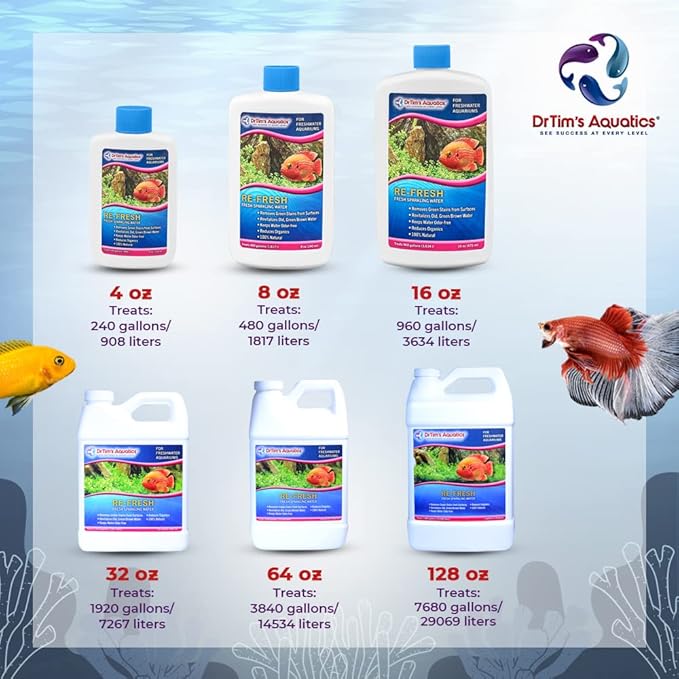 DrTim’s Aquatics Re-Fresh for Freshwater Aquariums – 100% Natural Fish Tank Sanitizer & Revitalizer Conditioner Solution for Fresh, Crystal-Clear, Sparkling Water - 8oz - Treats 480 gal