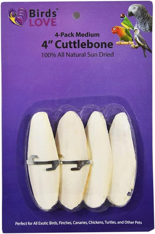 Birds LOVE Natural Cuttlebone – Premium Calcium for Cockatiel, Parrots, Tortoise, Snails, Crabs and Chinchillas - Pure Cuttlebone for Birds - Parakeet Food and Bird Treats - 4 Pack, Size 3.5 to 4"