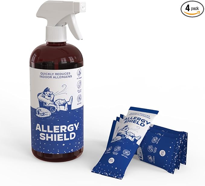 [4 Pack] AllergyShield Cat Dander Spray for House - Allergen Spray for Fabric & Surfaces - USA Made Dust Matter, Pollen & Pet Dander Remover, Cat Allergy Reducer, Cat Relief for Humans