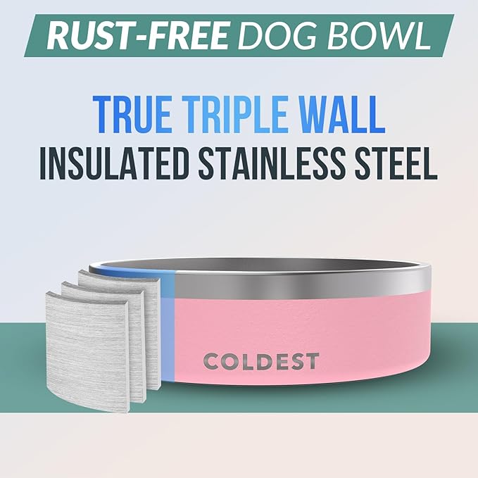 Coldest Dog Bowl - Anti Rust Metal & Non Slip Dog Bowls Large, Spill Proof Heavy Duty 3 Layers Insulated Dog Bowl - Food and Water Bowl for Dogs, Cats & Pets, Dishwasher Safe (42 oz,Cotton Candy Pink)