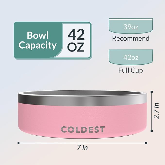 Coldest Dog Bowl - Anti Rust Metal & Non Slip Dog Bowls Large, Spill Proof Heavy Duty 3 Layers Insulated Dog Bowl - Food and Water Bowl for Dogs, Cats & Pets, Dishwasher Safe (42 oz,Cotton Candy Pink)