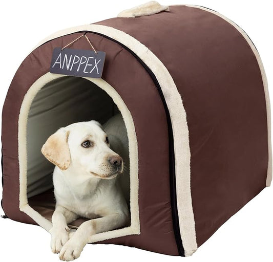 ANPPEX Dog House Indoor,2 in 1 Washable Covered Dog Bed,Insulated Cozy Dog Igloo Cave,2XL Size for Large Dogs,Brown