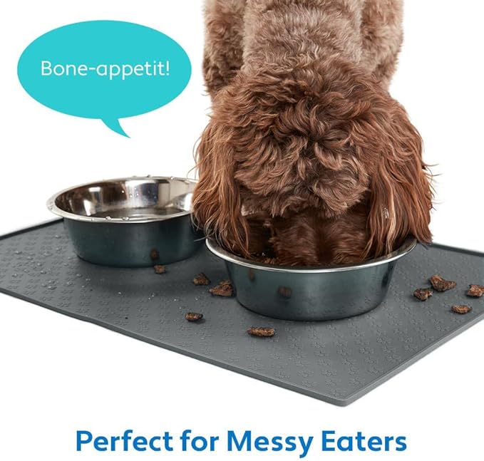 MIGHTY MONKEY 100% Waterproof Dog Food Mat, Raised Edges Silicone Pet Feeding Placemat for Cat, Dogs, Pet Bowls, High Lipped Tray Prevents Water Spills, Food on Floor, Dishwasher Safe, 18x12, Gray