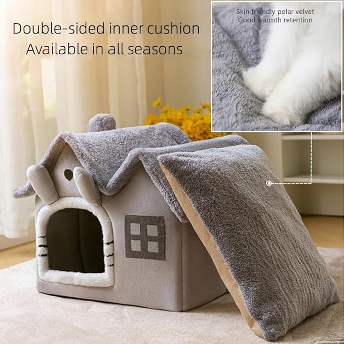 Luxury Double Roof Indoor Dog House Cat Nest,Foldable Warm Soft Kennel,30D High Elastic Memory Sponge,Removable Cushion and Non-Slip Bottom (Grey Double Roof, M)