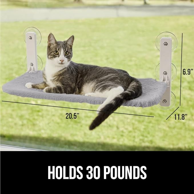 Gorilla Grip Heavy Duty Cordless Cat Window Perch, 6 Large Suction Cups, Strong Metal Frame Holds 30lbs, Foldable Indoor Hammock Bed with Reversible Washable Cover, Cats Seat Wall Shelves, Gray