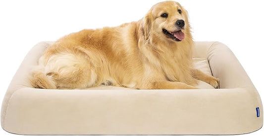 Orthopedic Dog Bed for Large Dogs Waterproof Pet Bed Soft Sofa with Two Fabrics Washable Removable Cover Egg Foam Support Anti-Slip Bottom Extra Head and Neck Support Sleeper,XL Beige