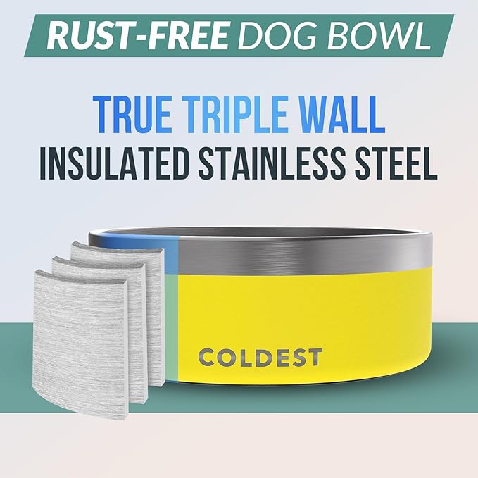 Coldest Dog Bowl - Anti Rust Metal & Non Slip Dog Bowls Large, Spill Proof Heavy Duty 3 Layers Insulated Dog Bowl - Food and Water Bowl for Dogs, Cats & Pets, Dishwasher Safe (64 oz, Solar Yellow)