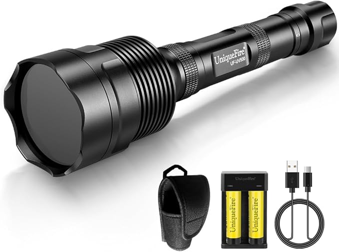 UniqueFire 365nm Black Light UV Flashlight with 5 LEDs Professional UV Light, 50W Powerful Blacklight Flashlight Rechargeable for Pet Urine Finding & Mineral, Antique Detection, Scorpion Search, etc