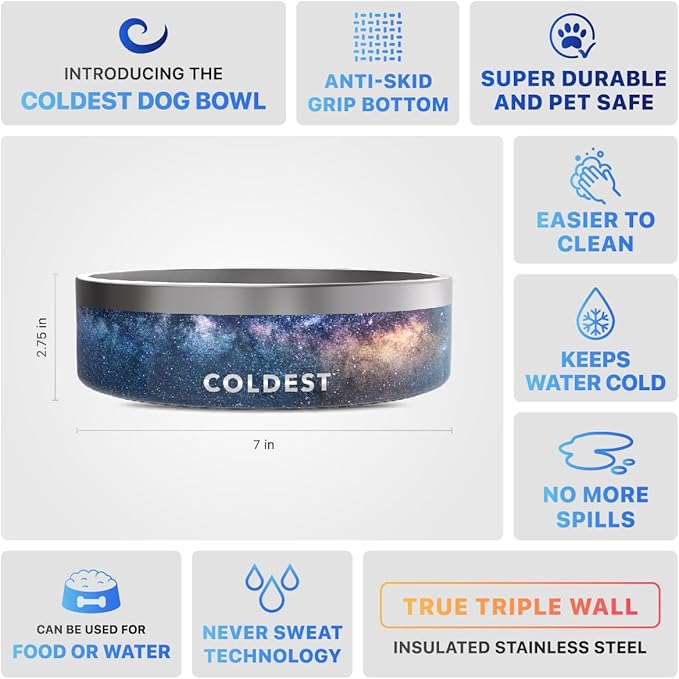 Coldest Dog Bowl - Anti Rust Metal & Non Slip Dog Bowls Large, Spill Proof Heavy Duty 3 Layers Insulated Dog Bowl - Food and Water Bowl for Dogs, Cats & Pets, Dishwasher Safe (42 oz, Into The Beyond)