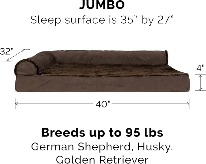 Furhaven Memory Foam Dog Bed for Large Dogs w/ Removable Bolsters & Washable Cover, For Dogs Up to 95 lbs - Plush & Velvet L Shaped Chaise - Sable Brown, Jumbo/XL