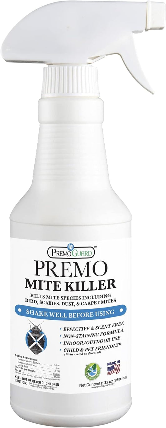 Mite Killer Spray by Premo Guard – 32 oz – Treatment for Dust Spider Bird Rat Mouse Carpet and Scabies Mites – Fast Acting 100% Effective – Child & Pet Safe – Best Natural Extended Protection