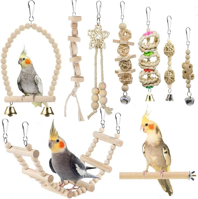 Bird Parrot Swing Toys, Chewing Standing Hanging Perch Hammock Climbing Ladder Bird Cage Toys for Budgerigar, Parakeet, Conure, Cockatiel, Mynah, Love Birds, Finches and Other Small to Medium Birds