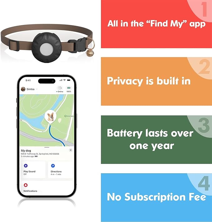 GPS Dog Trackers (Tag Included), Pet Tracker for Dogs, Waterproof Tracker Dog Collar with Adjustable Buckle, No Monthly Fee Lightweight Tag Tracker (iOS Only) for Dogs, Cats, Pets, Support Find My App