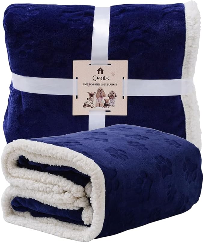 Qeils Dog Blankets for Large Dogs - Waterproof Cat Blanket Washable - Sherpa Fleece Puppy Blanket, Soft Plush Reversible Throw Protector for Bed Couch Car Sofa, 60"X80", Navy Blue