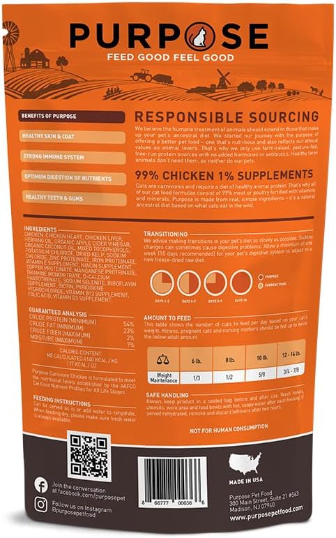 PURPOSE Freeze Dried Raw Cat Food, Chicken Mini Nibs Entree, 9 oz - High Protein, USA Made