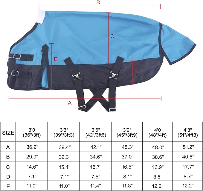 Mini Horse/Pony/Foal/Miniature Size 36"-51" Lightweight Waterproof & Breathable 1200 Denier Turnout Blanket with No Filling Peacockblue 45"