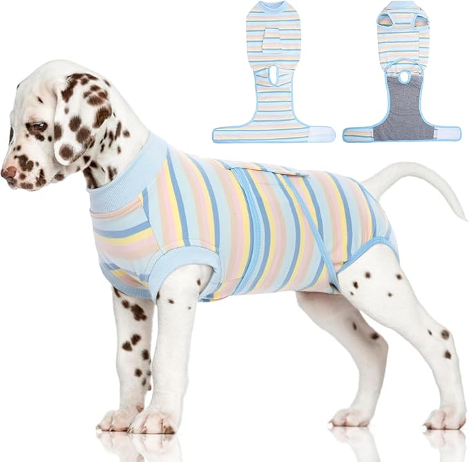 FUAMEY Recovery Suit for Dogs After Surgery,Soft Breathable Dog Bodysuit E-Collar & Cone Alternative Surgical Suit,Male Female Dog Neuter Spay Suits Anti Licking Wounds Onesie Blue Yellow Stripes XS