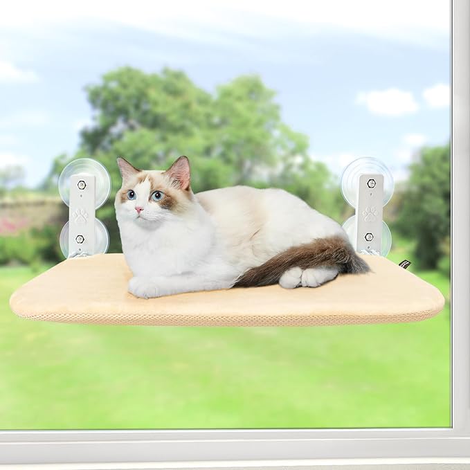 Sunhoo Cat Window Hammock Perch Cordless Perches Window Sill Seat Bed Foldable Stable Lounger Upgraded Suction Cup Easy Assembly Indoor Cats Kitty Shelf Hold Up to 55lbs（Beige,S