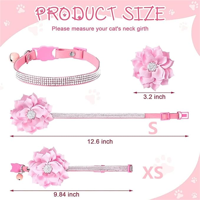 Cat Collars,Rhinestone for Girl Cats Bling Kitten Flower Adjustable Breakaway Collar with Bell Soft Velvet Leather Collar for Puppy Small Dogs (Red)