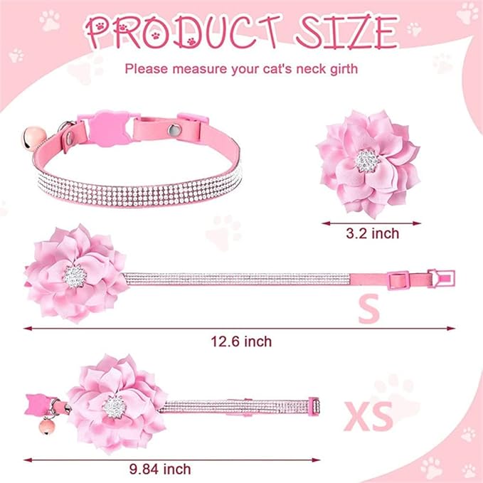 Cat Collars,Rhinestone for Girl Cats Bling Kitten Flower Adjustable Breakaway Collar with Bell Soft Velvet Leather Collar for Puppy Small Dogs (Black)