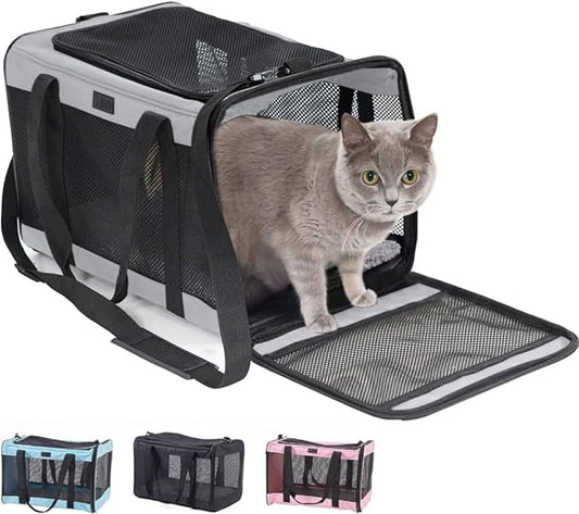 Gorilla Grip Airline Travel Cat Carrier Bag Up to 15 Lbs, Breathable Mesh Collapsible Pet Carriers for Small, Medium Cats, Small Dogs, Puppies, Portable Kennel with Soft Washable Waterproof Pad Gray