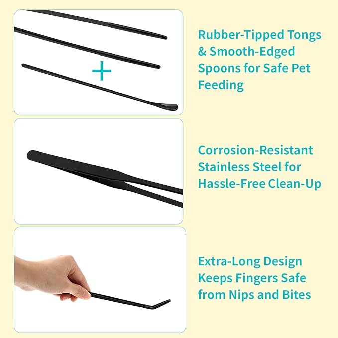 3 Pcs Stainless Steel Reptile Feeding Tool Set with 2 Rubber Tipped Tongs and 1 Crested Gecko Feeding Spoon, Crested Gecko Tank Accessories for Geckos, Lizards, Bearded Dragons,Black