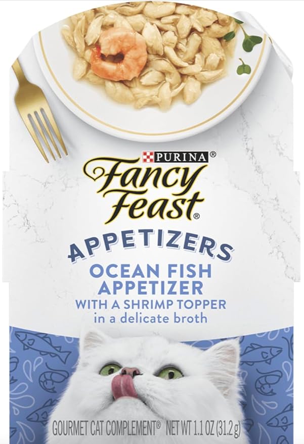 Fancy Feast Appetizers for Cats Variety Pack/2 of each-12 Total/Chicken, Tuna, Salmon, Ocean Fish/Bundle includes-100% Bonito Fish Flakes Topper & Catnip Ball Toy