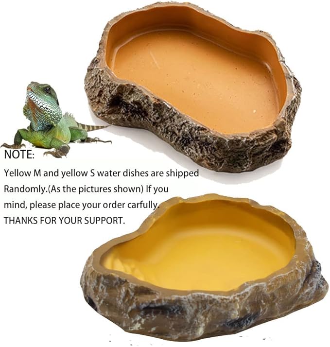 Reptile Water Dish,Resin Reptile Rock Food Feeder Bowl, Water and Food Bowl,Terrarium Decor for Leopard Gecko, Lizard,Spider,Turtle,Scorpion, Chameleon,Hermit Crabs (M, Yellow)